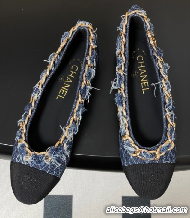 Shop Duplicate Chanel Denim & Grosgrain Ballet Flats with Chain Navy Blue 2025 CH071518
