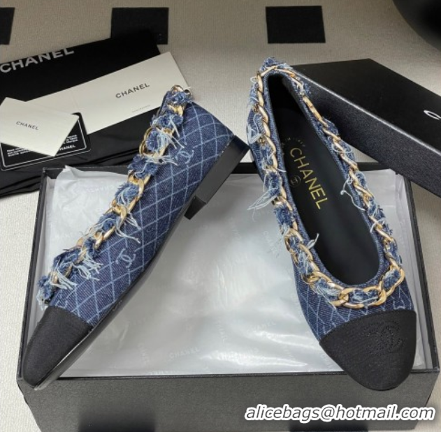 Shop Duplicate Chanel Denim & Grosgrain Ballet Flats with Chain Navy Blue 2025 CH071518