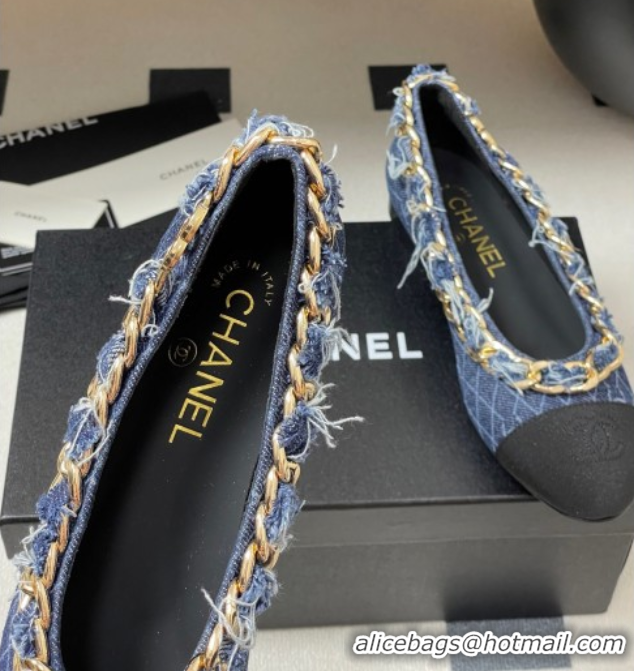 Shop Duplicate Chanel Denim & Grosgrain Ballet Flats with Chain Navy Blue 2025 CH071518