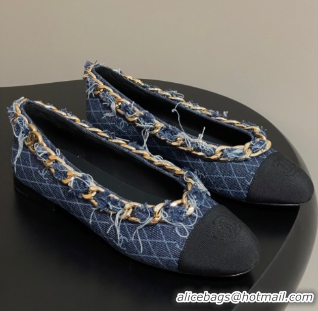 Shop Duplicate Chanel Denim & Grosgrain Ballet Flats with Chain Navy Blue 2025 CH071518