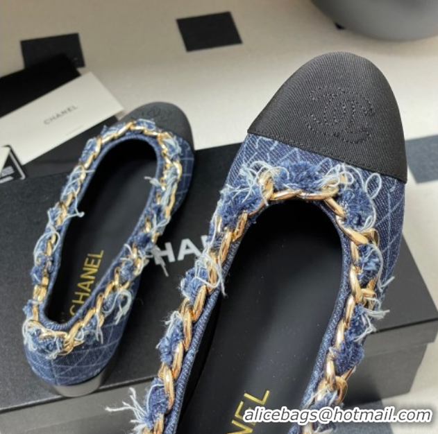 Shop Duplicate Chanel Denim & Grosgrain Ballet Flats with Chain Navy Blue 2025 CH071518
