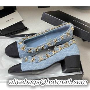 Stylish Chanel Denim & Grosgrain Pumps 5cm with Chain Light Blue 2025 CH071518
