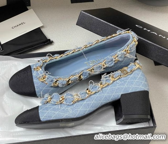 Stylish Chanel Denim & Grosgrain Pumps 5cm with Chain Light Blue 2025 CH071518