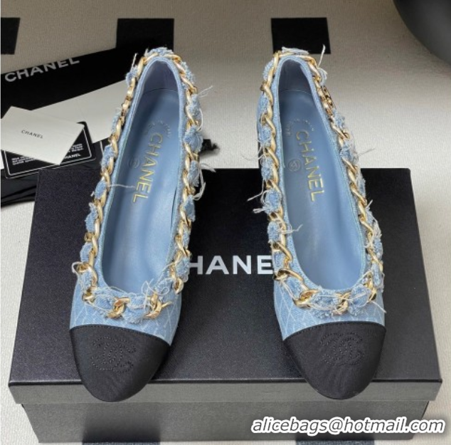 Stylish Chanel Denim & Grosgrain Pumps 5cm with Chain Light Blue 2025 CH071518