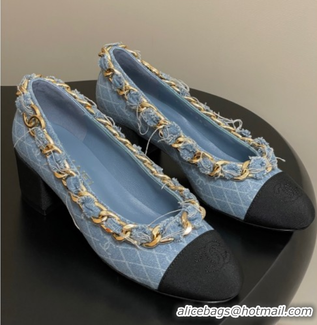 Stylish Chanel Denim & Grosgrain Pumps 5cm with Chain Light Blue 2025 CH071518