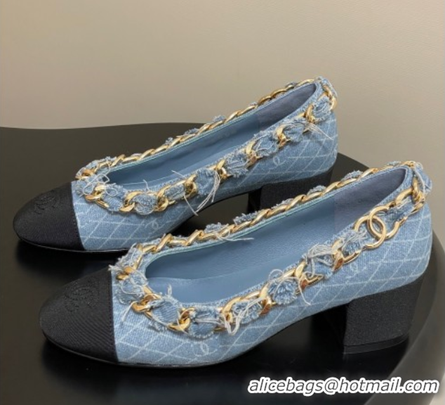 Stylish Chanel Denim & Grosgrain Pumps 5cm with Chain Light Blue 2025 CH071518