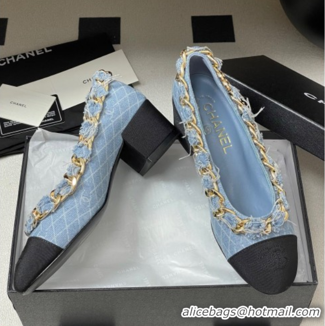 Stylish Chanel Denim & Grosgrain Pumps 5cm with Chain Light Blue 2025 CH071518