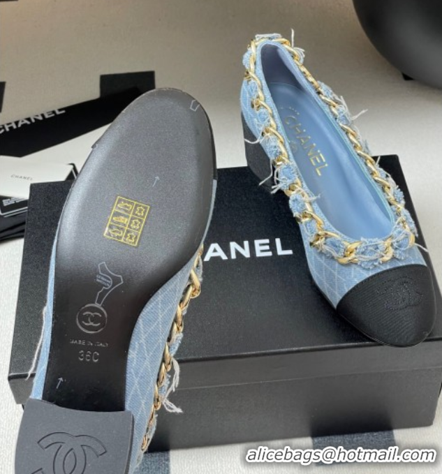 Stylish Chanel Denim & Grosgrain Pumps 5cm with Chain Light Blue 2025 CH071518