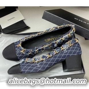 Grade Chanel Denim & Grosgrain Pumps 5cm with Chain Navy Blue 2025 CH071518