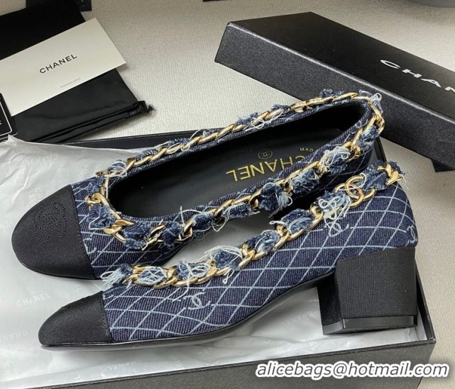 Grade Chanel Denim & Grosgrain Pumps 5cm with Chain Navy Blue 2025 CH071518