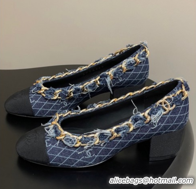 Grade Chanel Denim & Grosgrain Pumps 5cm with Chain Navy Blue 2025 CH071518