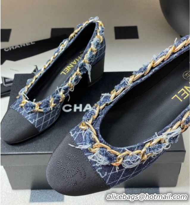 Grade Chanel Denim & Grosgrain Pumps 5cm with Chain Navy Blue 2025 CH071518