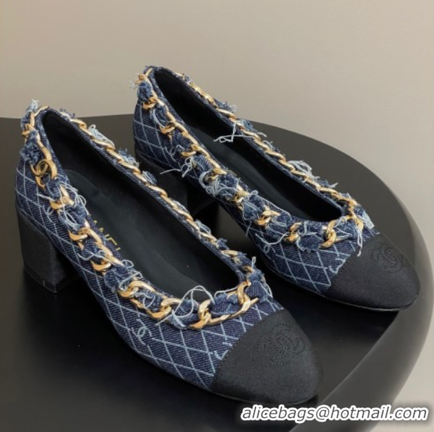 Grade Chanel Denim & Grosgrain Pumps 5cm with Chain Navy Blue 2025 CH071518