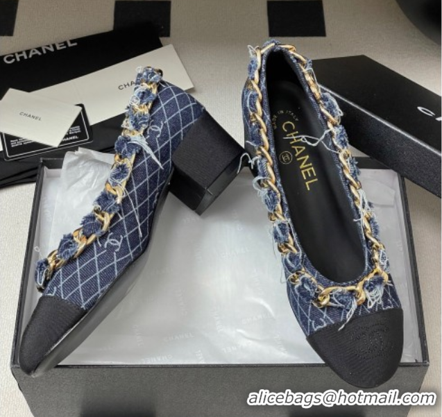 Grade Chanel Denim & Grosgrain Pumps 5cm with Chain Navy Blue 2025 CH071518