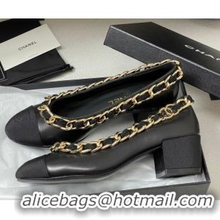 Luxury Cheap Chanel Lambskin & Grosgrain Pumps 5cm with Chain Black 2025 CH071518