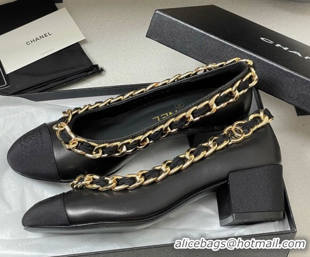 Luxury Cheap Chanel Lambskin & Grosgrain Pumps 5cm with Chain Black 2025 CH071518