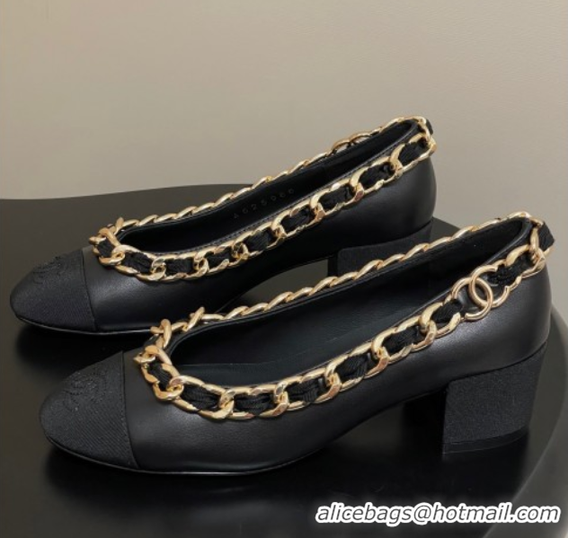 Luxury Cheap Chanel Lambskin & Grosgrain Pumps 5cm with Chain Black 2025 CH071518