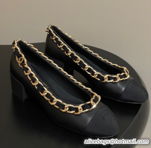 Luxury Cheap Chanel Lambskin & Grosgrain Pumps 5cm with Chain Black 2025 CH071518
