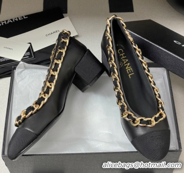 Luxury Cheap Chanel Lambskin & Grosgrain Pumps 5cm with Chain Black 2025 CH071518