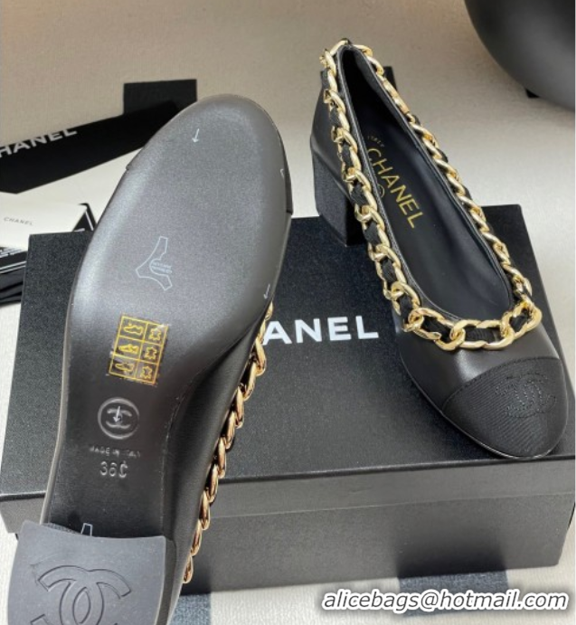 Luxury Cheap Chanel Lambskin & Grosgrain Pumps 5cm with Chain Black 2025 CH071518