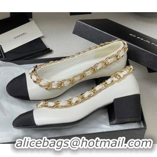 Cheap Chanel Lambskin & Grosgrain Pumps 5cm with Chain White 2025 CH071518
