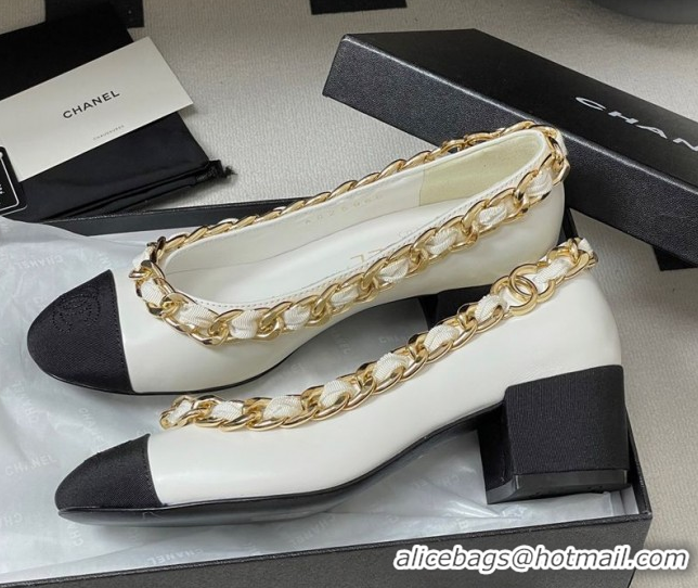 Cheap Chanel Lambskin & Grosgrain Pumps 5cm with Chain White 2025 CH071518