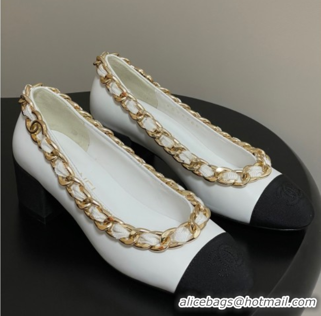 Cheap Chanel Lambskin & Grosgrain Pumps 5cm with Chain White 2025 CH071518