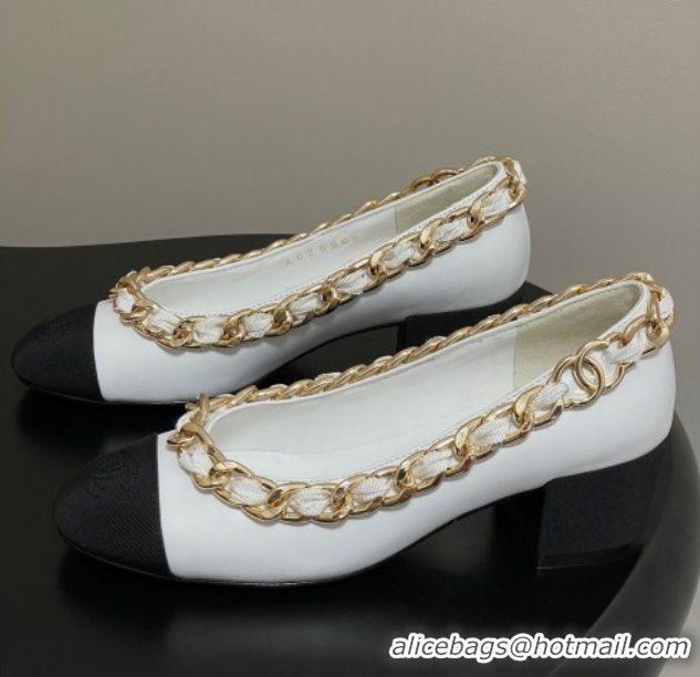 Cheap Chanel Lambskin & Grosgrain Pumps 5cm with Chain White 2025 CH071518