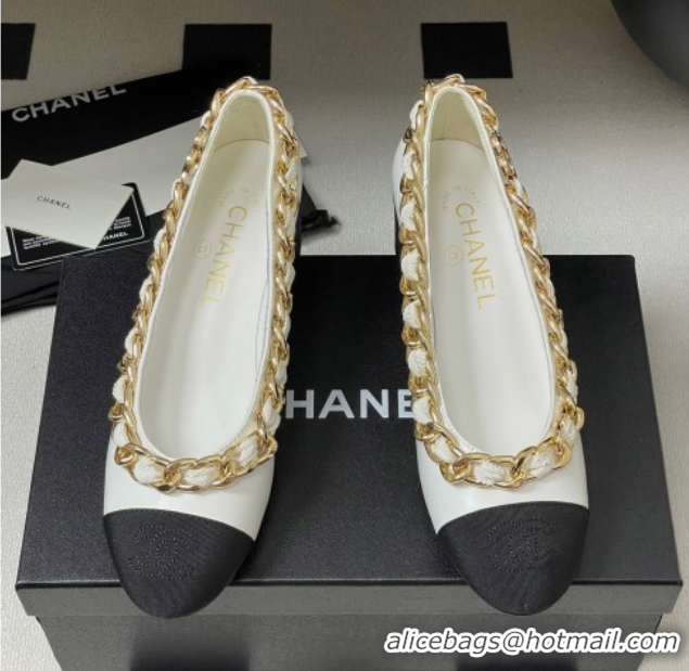 Cheap Chanel Lambskin & Grosgrain Pumps 5cm with Chain White 2025 CH071518
