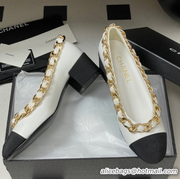 Cheap Chanel Lambskin & Grosgrain Pumps 5cm with Chain White 2025 CH071518