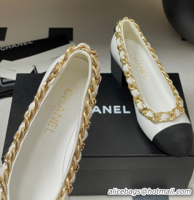 Cheap Chanel Lambskin & Grosgrain Pumps 5cm with Chain White 2025 CH071518