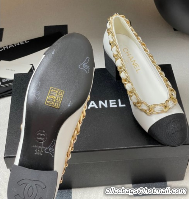Cheap Chanel Lambskin & Grosgrain Pumps 5cm with Chain White 2025 CH071518