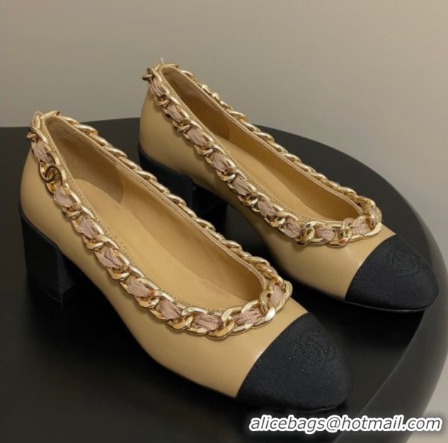 Big Discount Chanel Lambskin & Grosgrain Pumps 5cm with Chain Yellow 2025 CH071518