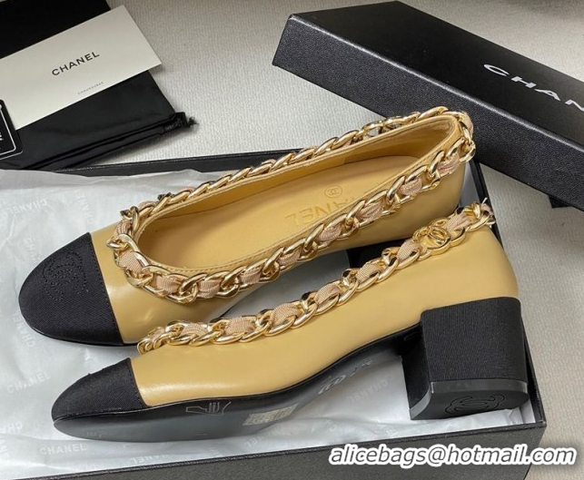 Big Discount Chanel Lambskin & Grosgrain Pumps 5cm with Chain Yellow 2025 CH071518