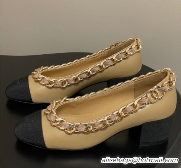 Big Discount Chanel Lambskin & Grosgrain Pumps 5cm with Chain Yellow 2025 CH071518