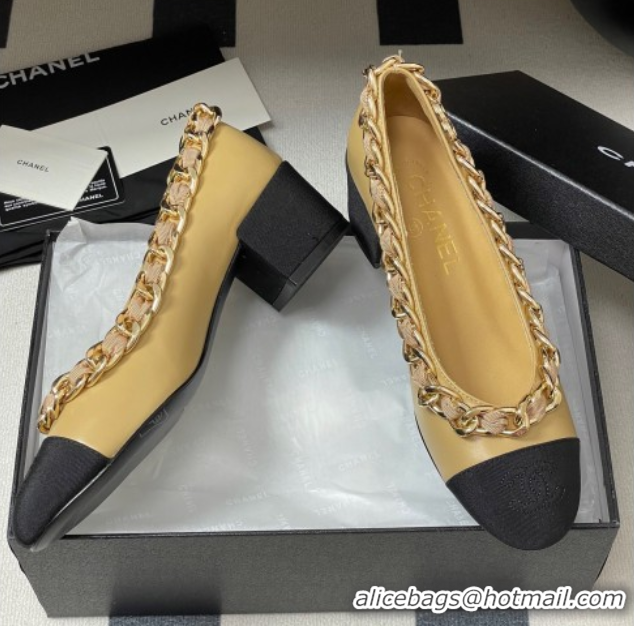 Big Discount Chanel Lambskin & Grosgrain Pumps 5cm with Chain Yellow 2025 CH071518