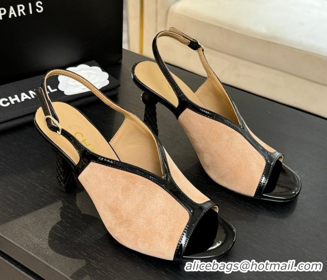 Trendy Design Chanel Suede & Patent Calfskin Heel Sandals 8.5cm Black/Beige 2025 G46538