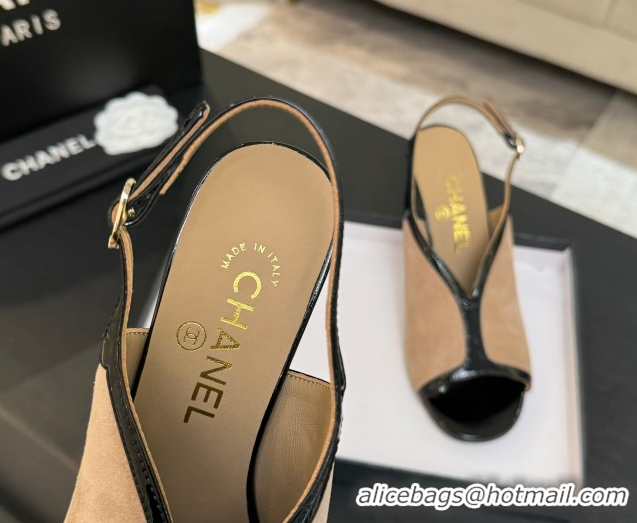 Trendy Design Chanel Suede & Patent Calfskin Heel Sandals 8.5cm Black/Beige 2025 G46538
