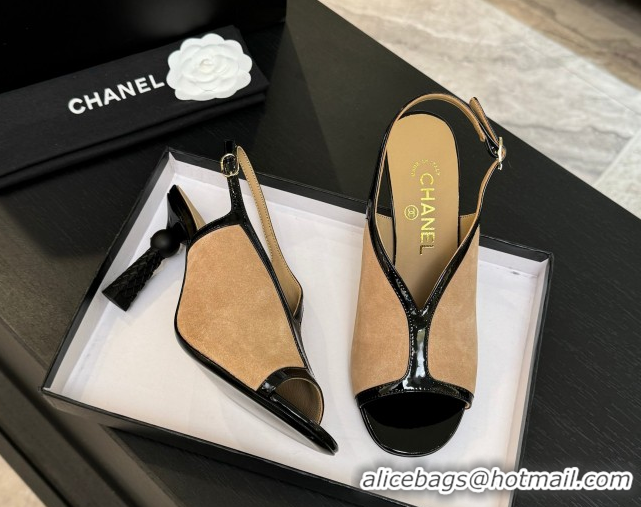 Trendy Design Chanel Suede & Patent Calfskin Heel Sandals 8.5cm Black/Beige 2025 G46538