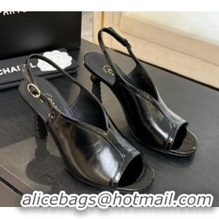Original Cheap Chanel Shiny Crumpled Calfskin Heel Sandals 8.5cm Black 2025 G46538