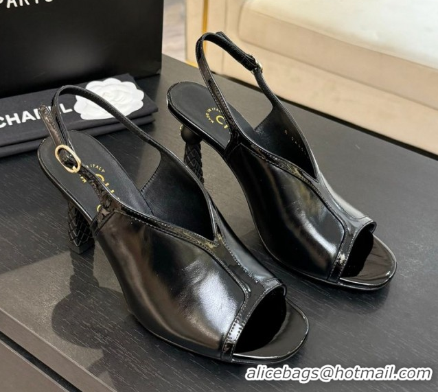 Original Cheap Chanel Shiny Crumpled Calfskin Heel Sandals 8.5cm Black 2025 G46538