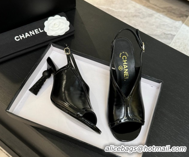 Original Cheap Chanel Shiny Crumpled Calfskin Heel Sandals 8.5cm Black 2025 G46538