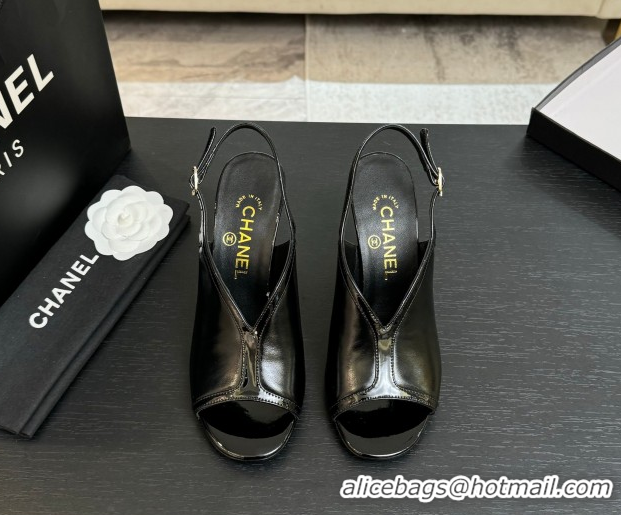Original Cheap Chanel Shiny Crumpled Calfskin Heel Sandals 8.5cm Black 2025 G46538