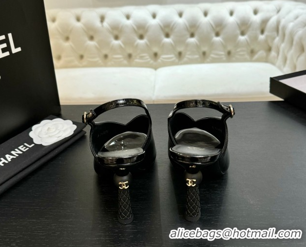 Original Cheap Chanel Shiny Crumpled Calfskin Heel Sandals 8.5cm Black 2025 G46538