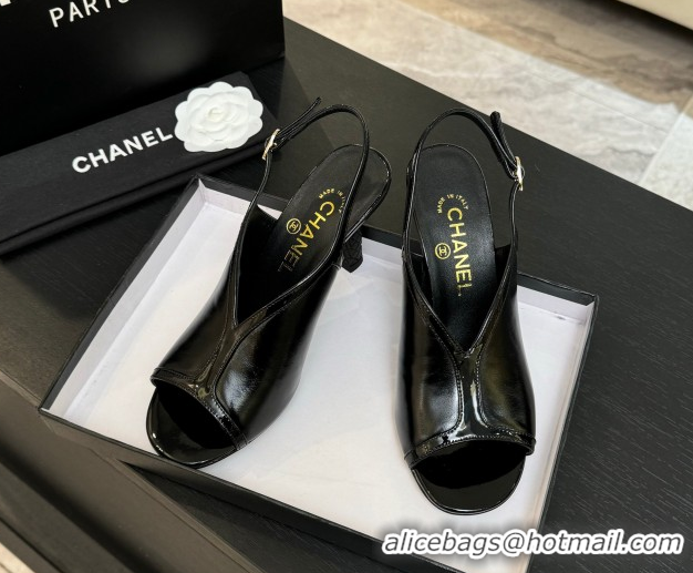 Original Cheap Chanel Shiny Crumpled Calfskin Heel Sandals 8.5cm Black 2025 G46538