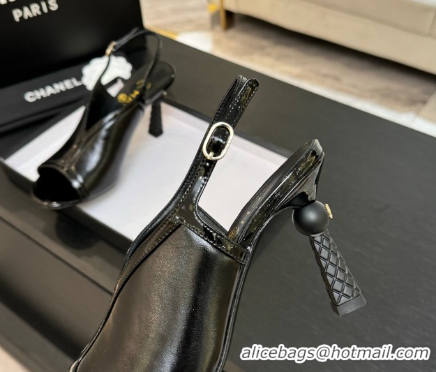 Original Cheap Chanel Shiny Crumpled Calfskin Heel Sandals 8.5cm Black 2025 G46538