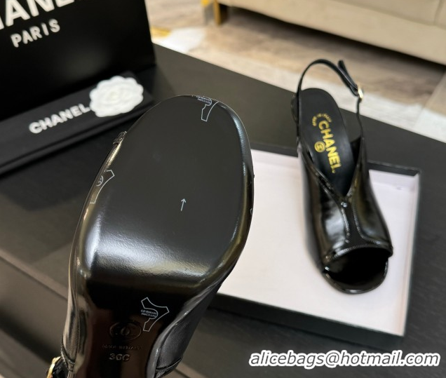 Original Cheap Chanel Shiny Crumpled Calfskin Heel Sandals 8.5cm Black 2025 G46538