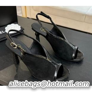 Luxury Discount Chanel Suede & Patent Calfskin Heel Sandals 8.5cm Black2 2025 G46538