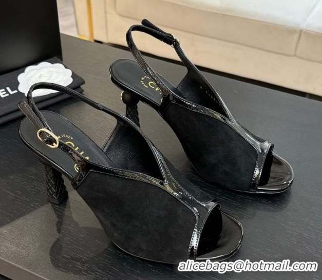Luxury Discount Chanel Suede & Patent Calfskin Heel Sandals 8.5cm Black2 2025 G46538