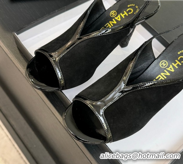 Luxury Discount Chanel Suede & Patent Calfskin Heel Sandals 8.5cm Black2 2025 G46538